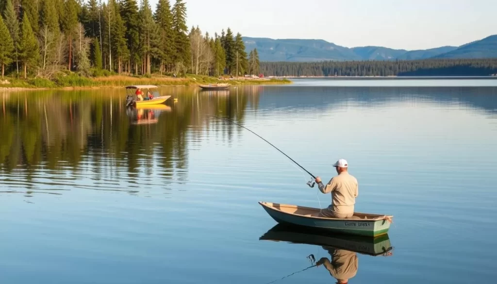 Image of a serene fishing spot at Clearwater Lake with a boat in the background and a fisherman casting a line.
