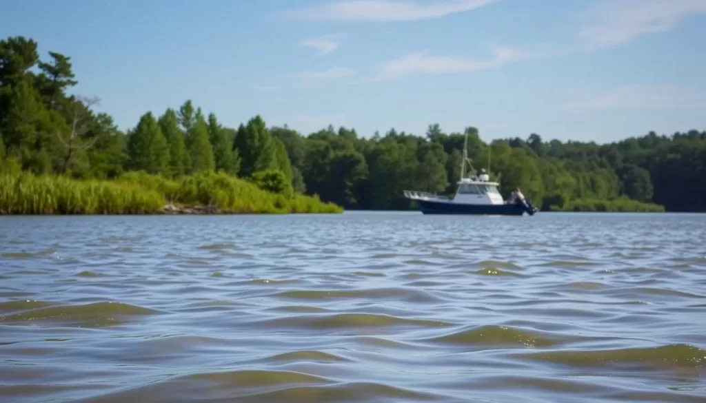 Image of a serene fishing spot on Caddy Lake with a fishing boat in the background