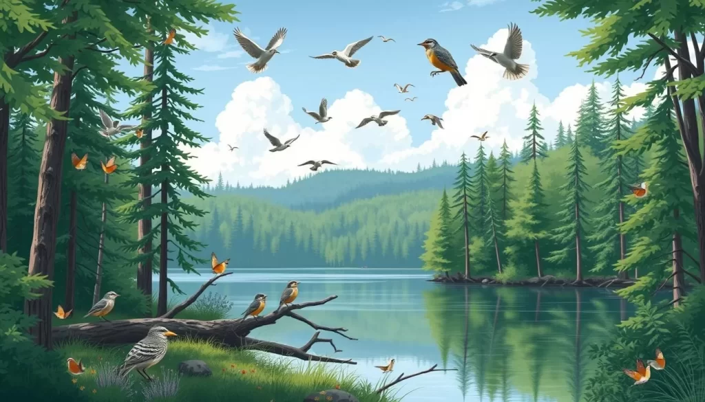 Image of a serene forest edge near Dauphine Lake, with a variety of bird species.