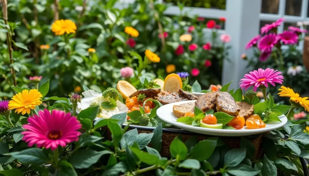Image of a serene garden setting with a delicious meal