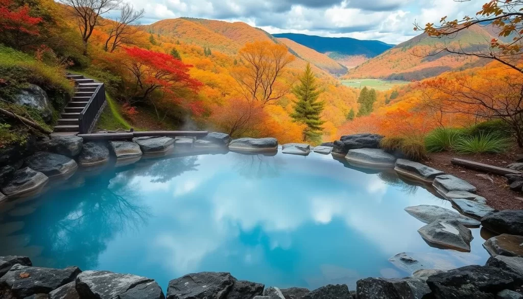 Image of a serene hot spring in Hokkaido surrounded by nature
