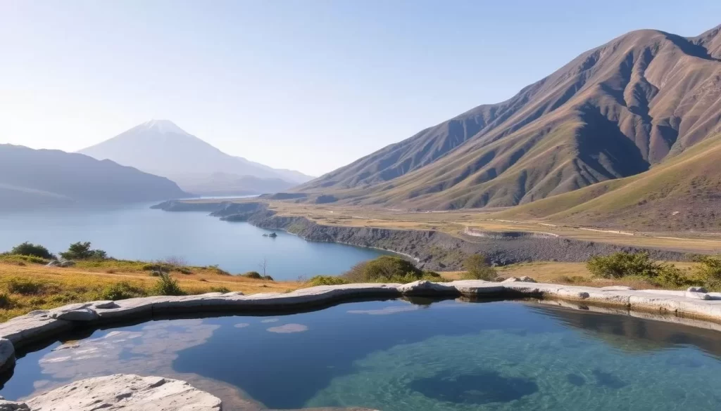 Image of a serene hot spring in Kirishima surrounded by volcanic mountains
