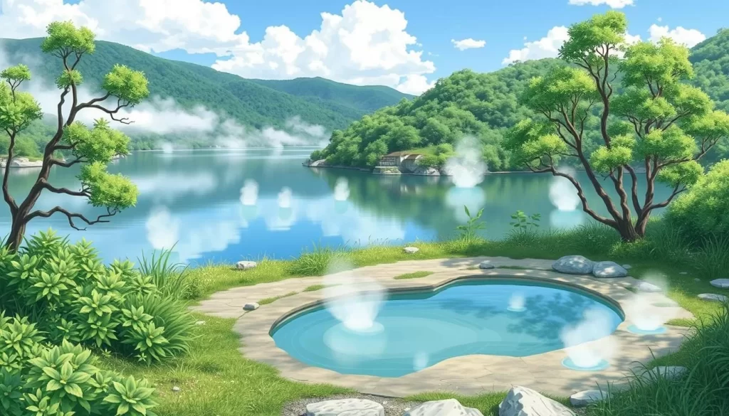 Image of a serene hot spring setting around Lake Inawashiro