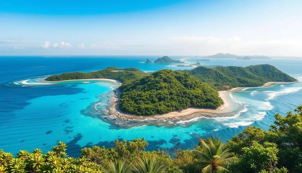 Image of a serene island in Okinawa Prefecture with crystal-clear waters and lush greenery.