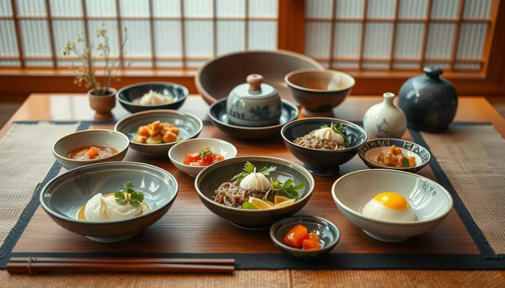 Image of a serene kaiseki dining setting with seasonal dishes
