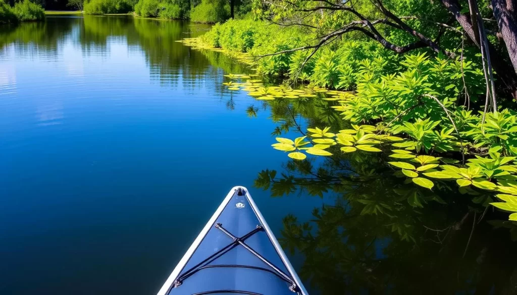 Image of a serene kayaking scene in Honey Island Swamp with a kayak paddling through calm waters surrounded by lush vegetation.