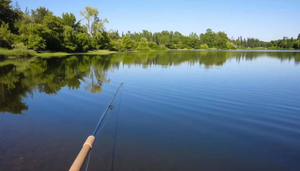 Image of a serene lake with a fishing rod in the water, surrounded by lush greenery.