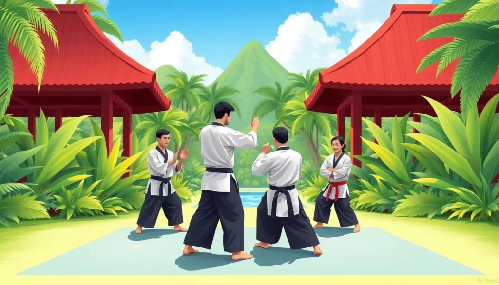 Image of a serene martial arts training session in a tropical setting