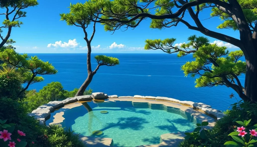 Image of a serene natural hot spring on Yakushima, surrounded by lush greenery and overlooking the ocean.