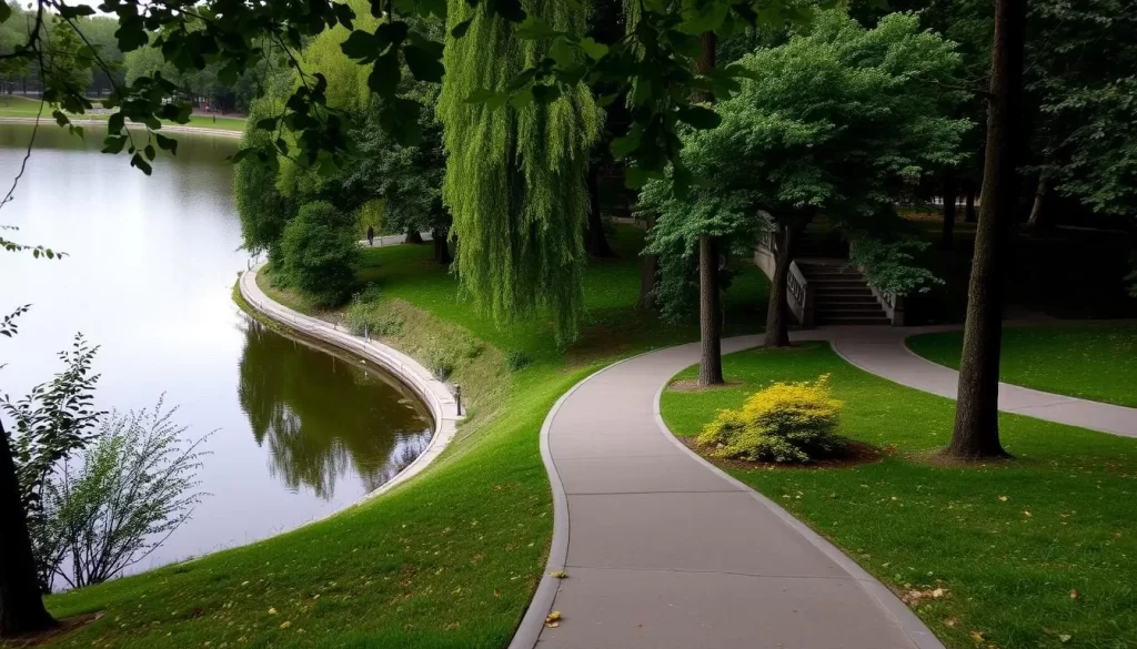 Image of a serene park in Kyiv with a lake and walking paths
