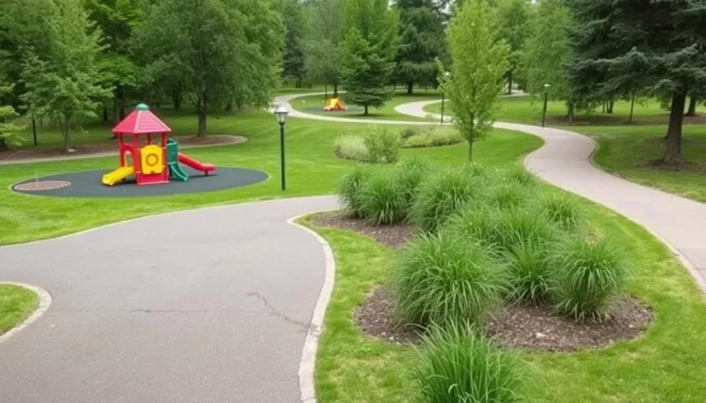 Image of a serene park in Steinbach with playground equipment and walking trails.