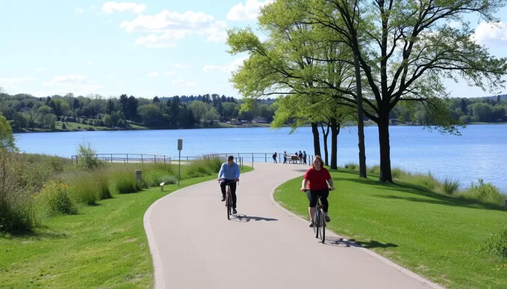 Image of a serene path around Lake Harriet with walkers and bikers enjoying the scenery