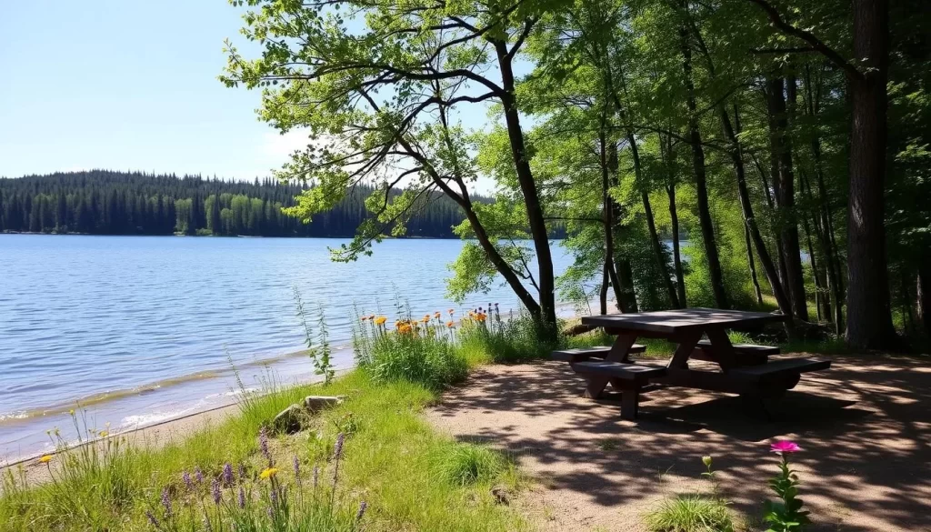 Image of a serene picnic area by Big Whiteshell Lake