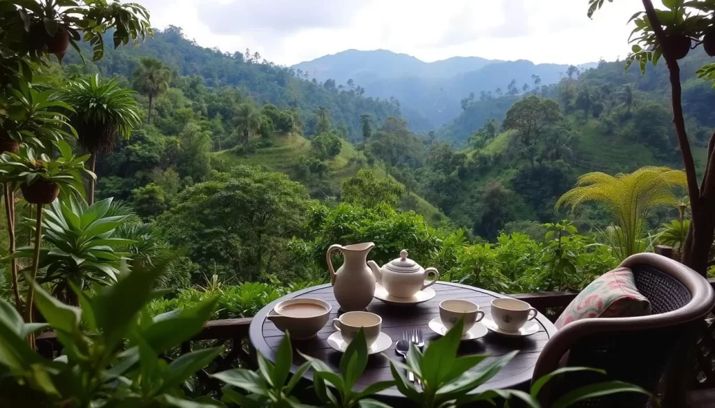 Image of a serene tea setting in a lush Copan landscape