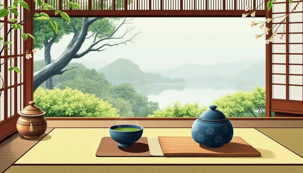 Image of a serene traditional Japanese tea ceremony setting with matcha preparation