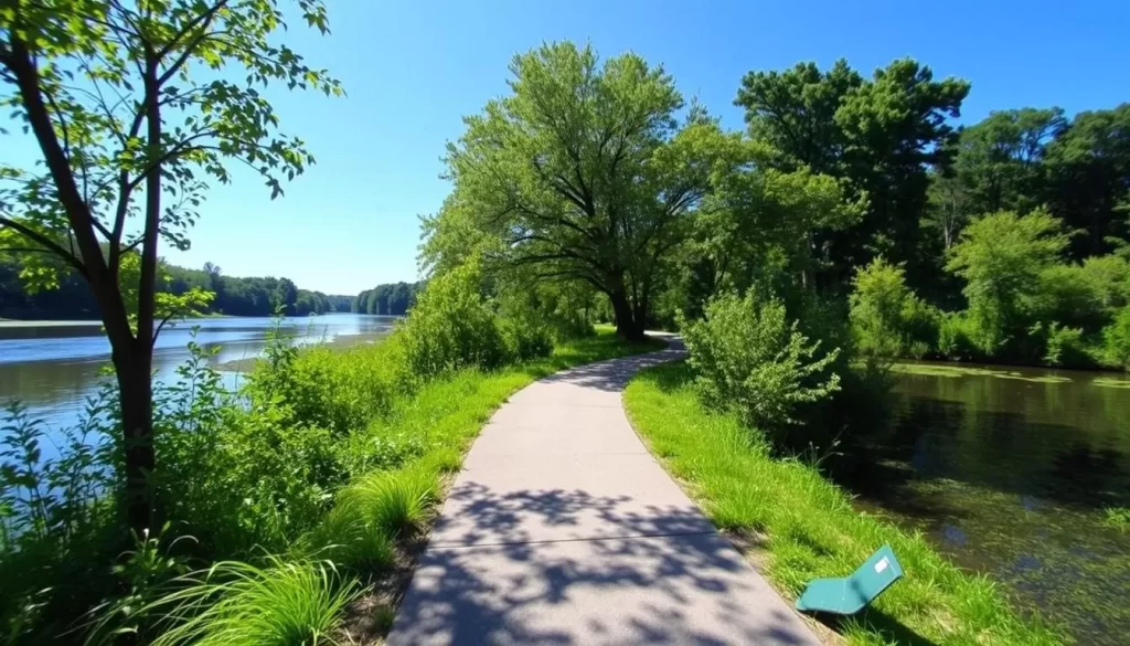 Image of a serene walking path along the river in New Albany, Mississippi, with lush greenery and a clear blue sky.