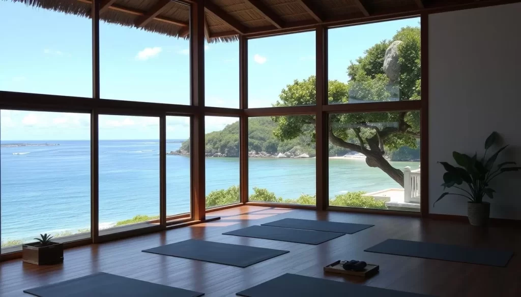 Image of a serene yoga studio in San Juan del Sur with a view of the bay