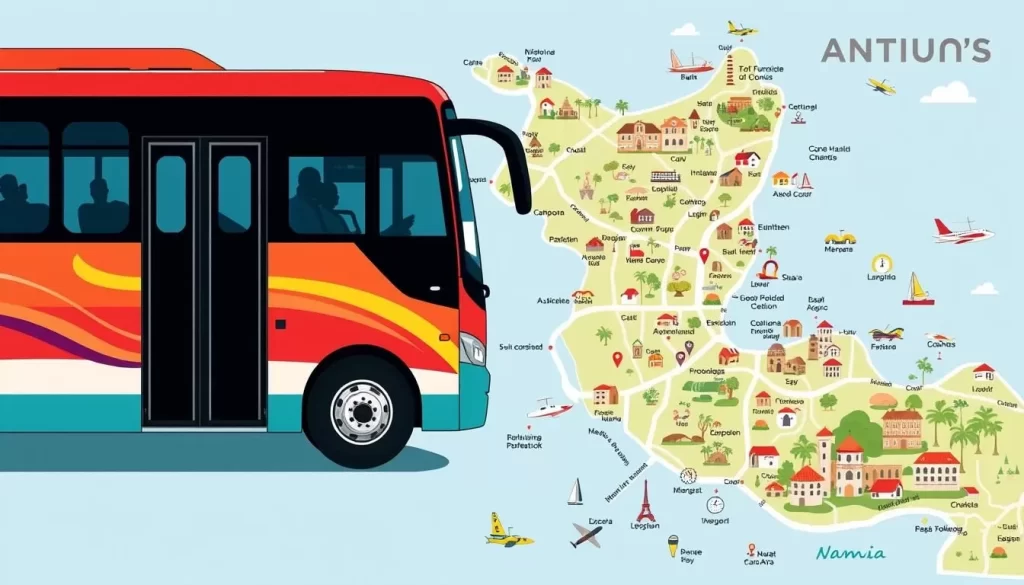 Image of a shuttle bus or a tourist map around Antigua