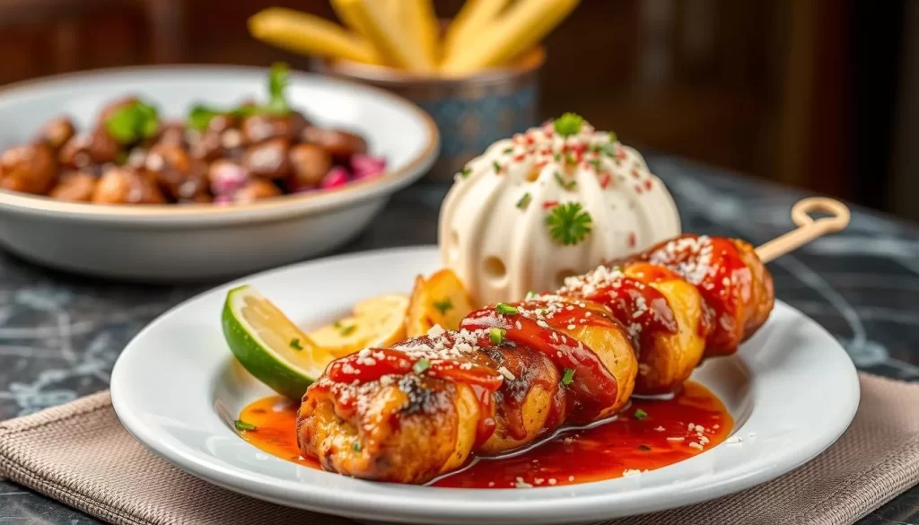 Image of a signature dish from Little Gaza, such as a kebab or a traditional Middle Eastern dessert