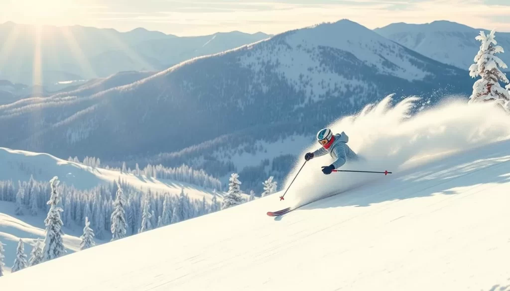 Image of a skier carving through fresh powder at Taos Ski Valley
