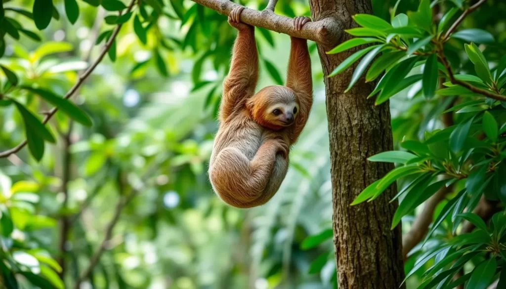 Image of a sloth hanging from a tree branch at Punta Culebra Nature Center