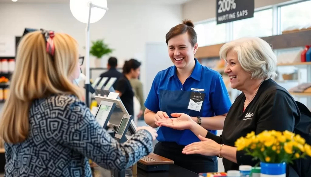 Image of a smiling deaf staff member serving a customer