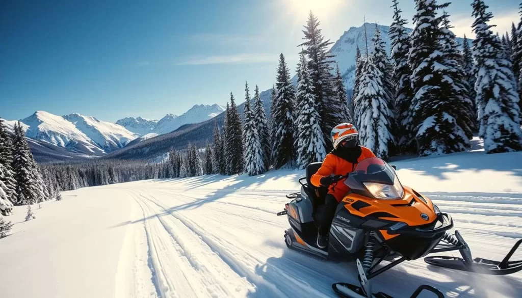 Image of a snowmobiler navigating through remote wilderness