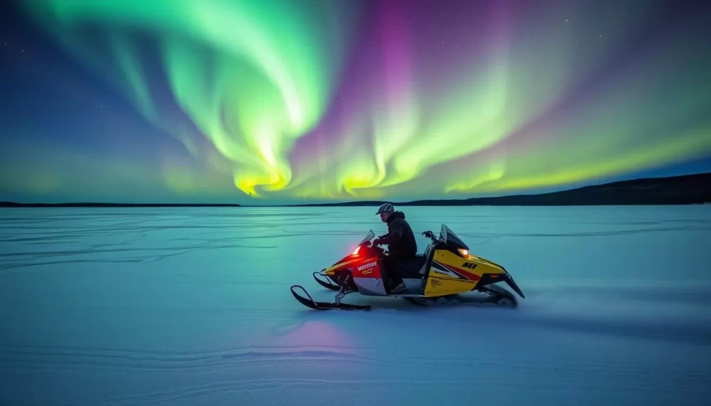 Image of a snowmobiler riding across a frozen lake in the Dehcho Region under the northern lights.
