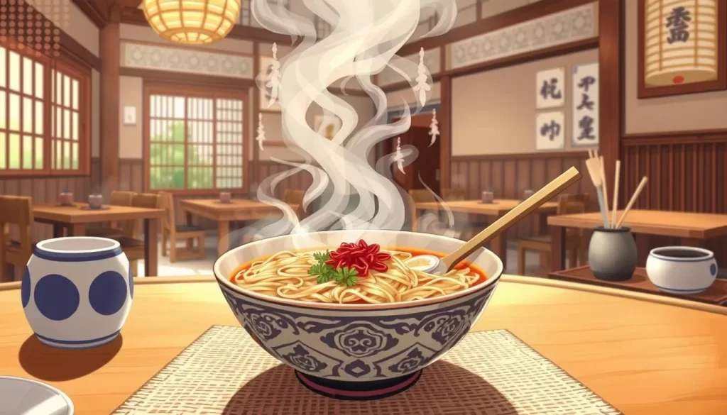 Image of a steaming bowl of Hoto noodles in a traditional Japanese setting.