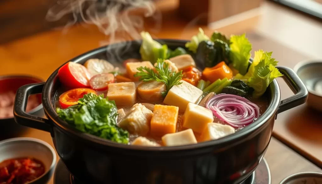 Image of a steaming hot pot of Chanko Nabe with various ingredients