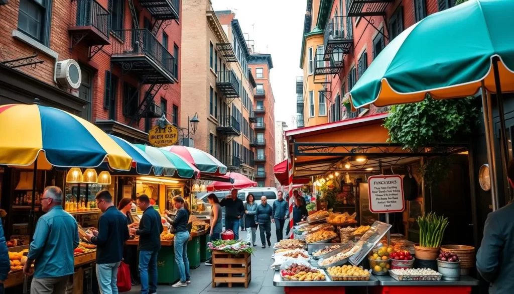 Image of a street in Greenwich Village with food vendors