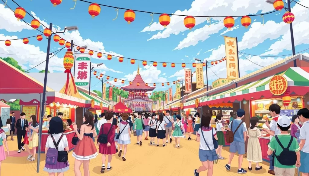 Image of a summer festival in Okayama, with traditional dances and food stalls