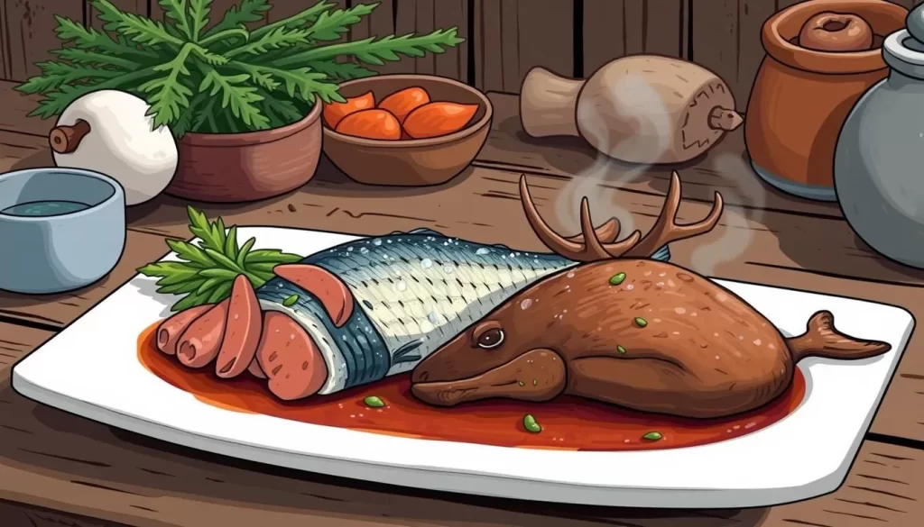 Image of a traditional Inuit meal featuring Arctic char and caribou