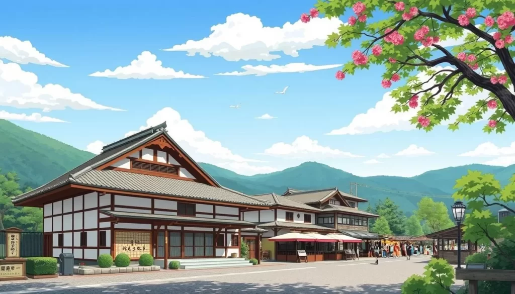 Image of a traditional Japanese ryokan near a festival area in Gifu Prefecture