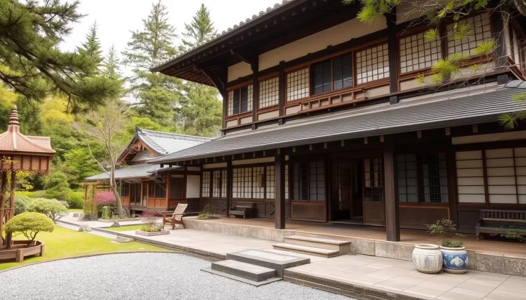 Image of a traditional Japanese ryokan with a serene garden, perfect for a relaxing stay during Iwate festivals.