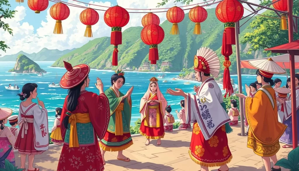 Image of a traditional Oki Islands festival with locals participating in a dance or ritual