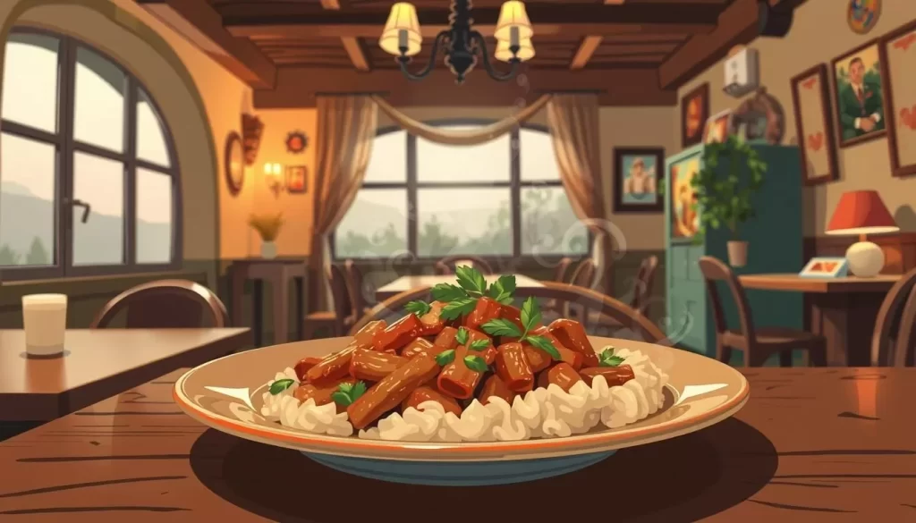 Image of a traditional Serbian dish being served in a cozy restaurant in Požarevac