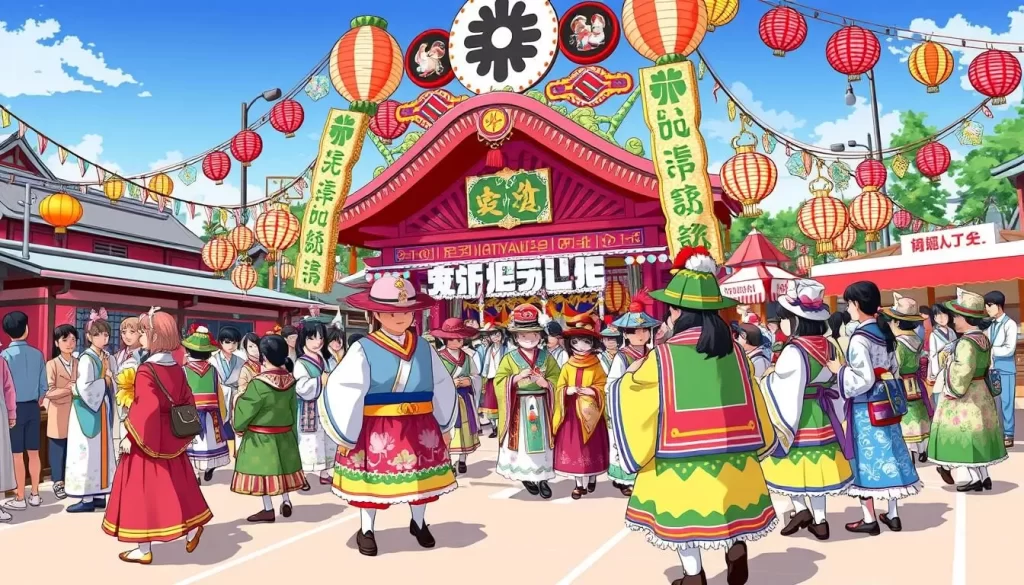 Image of a traditional Wakayama folk festival with participants in colorful costumes