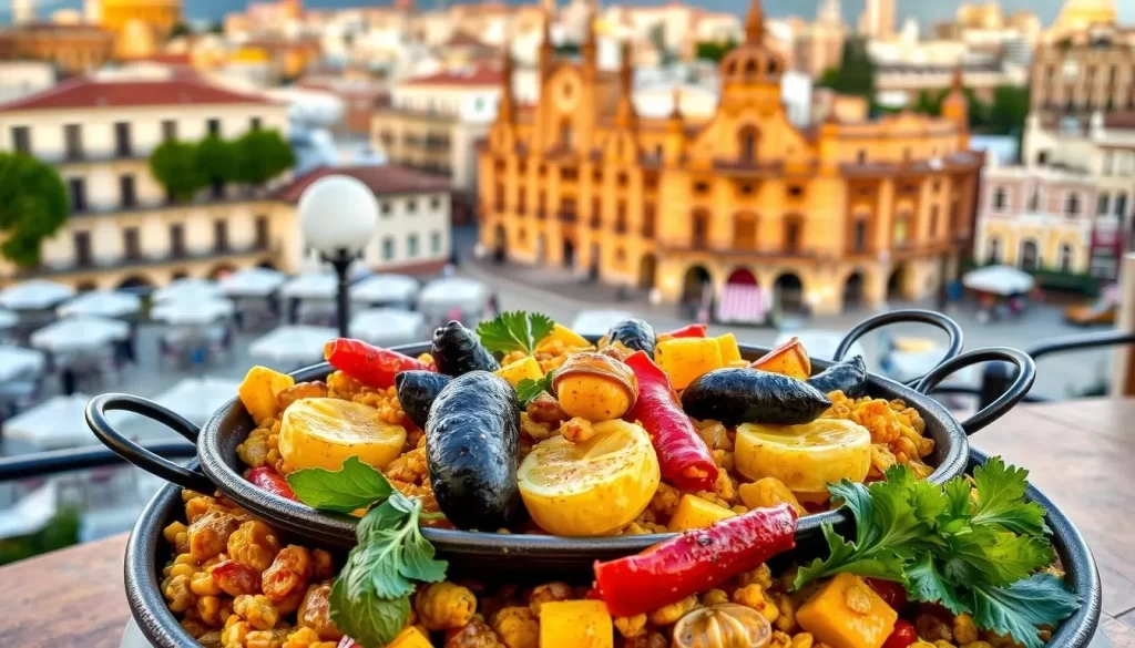 Image of a traditional paella dish in Valencia