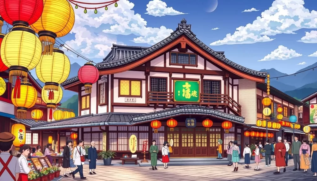 Image of a traditional ryokan in Shiga Prefecture during a festival.