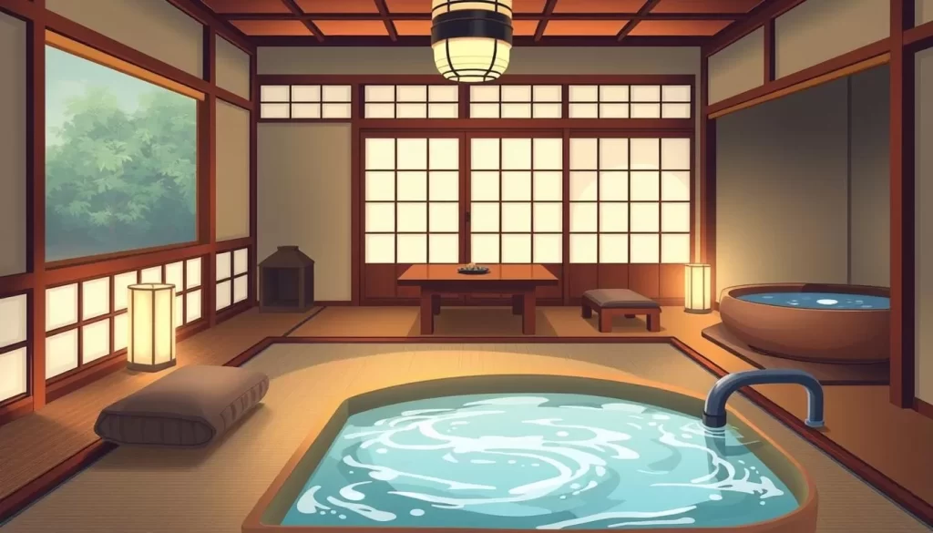 Image of a traditional ryokan room with kotatsu and a hot spring bath