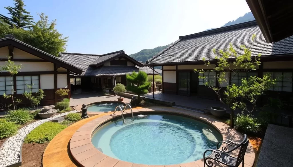 Image of a traditional ryokan with an outdoor hot spring (rotenburo) overlooking Lake Akan