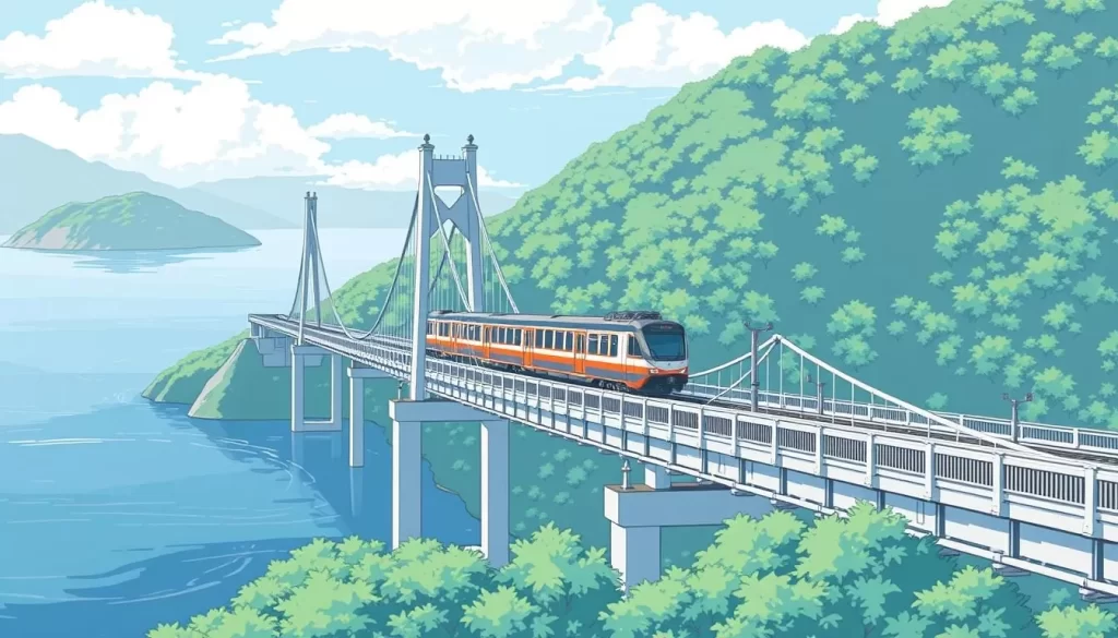 Image of a train crossing the Seto Ohashi Bridge connecting Honshu to Shikoku