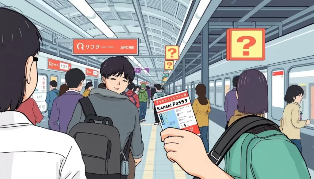 Image of a traveler using a Kansai travel pass at a train station