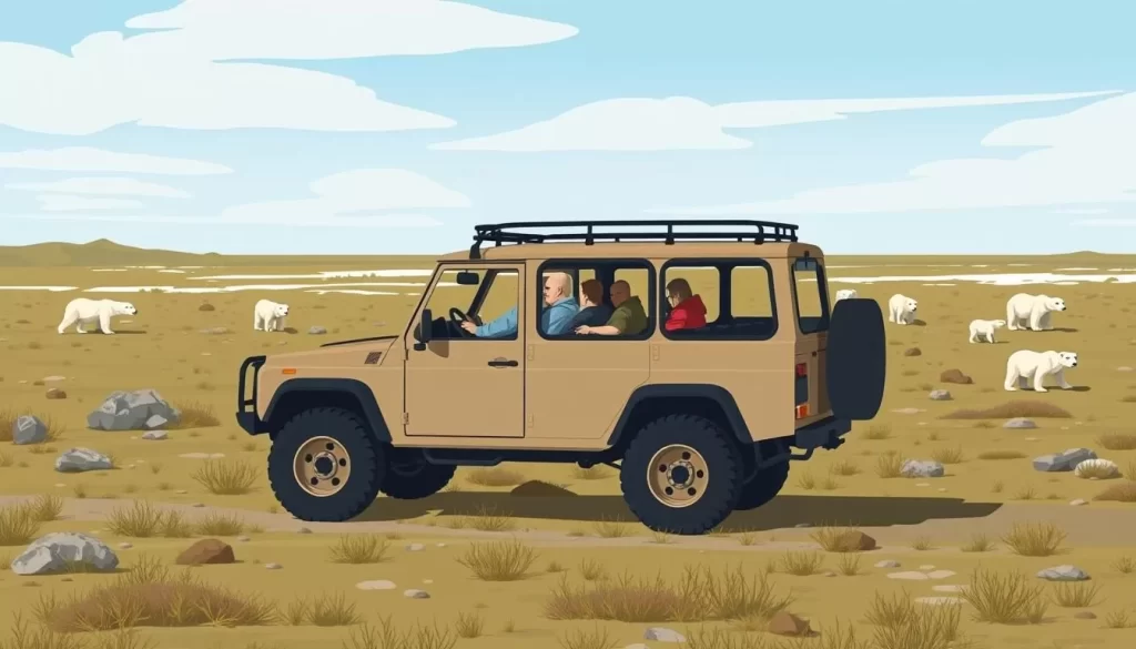 Image of a tundra vehicle tour in Churchill, Manitoba, with polar bears in the vicinity.