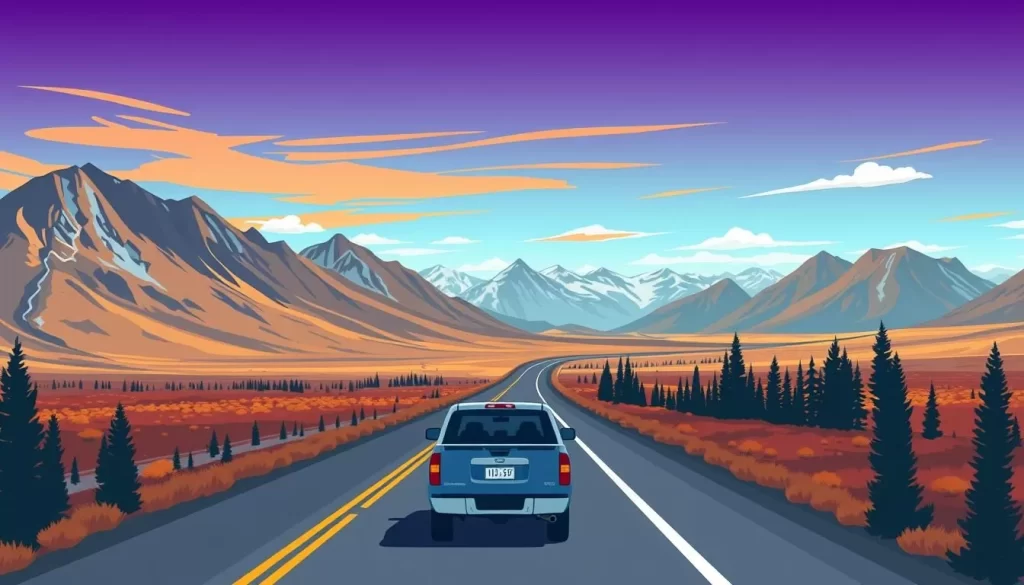 Image of a vehicle driving on the Dempster Highway with rugged Yukon landscapes