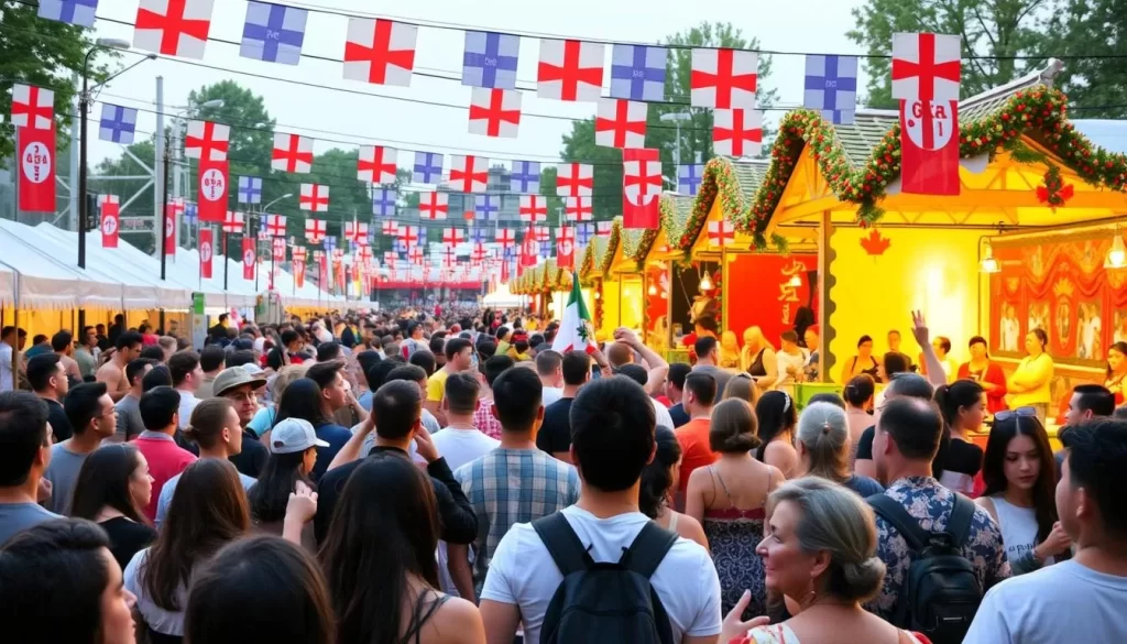 Image of a vibrant Canadian festival with diverse crowds enjoying music and cultural displays