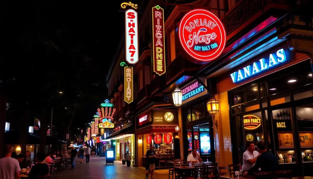 Image of a vibrant Downtown Naze street at night with various restaurants and bars