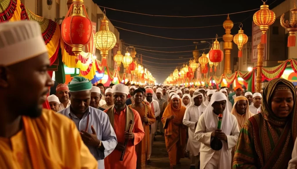 Image of a vibrant Mawlid al-Nabi celebration in Djibouti, featuring traditional music and colorful processions.
