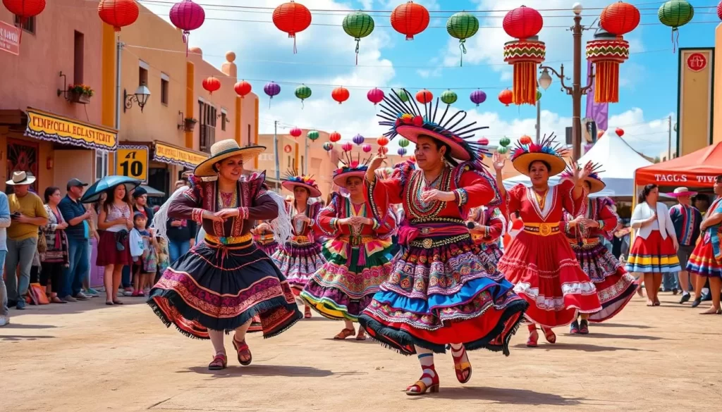 Image of a vibrant Taos festival with traditional dancers and colorful decorations